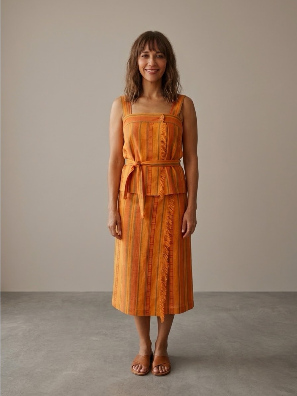 Vintage Anne Klein 2-Piece Cotton Striped Outfit Cami Skirt Set - Small